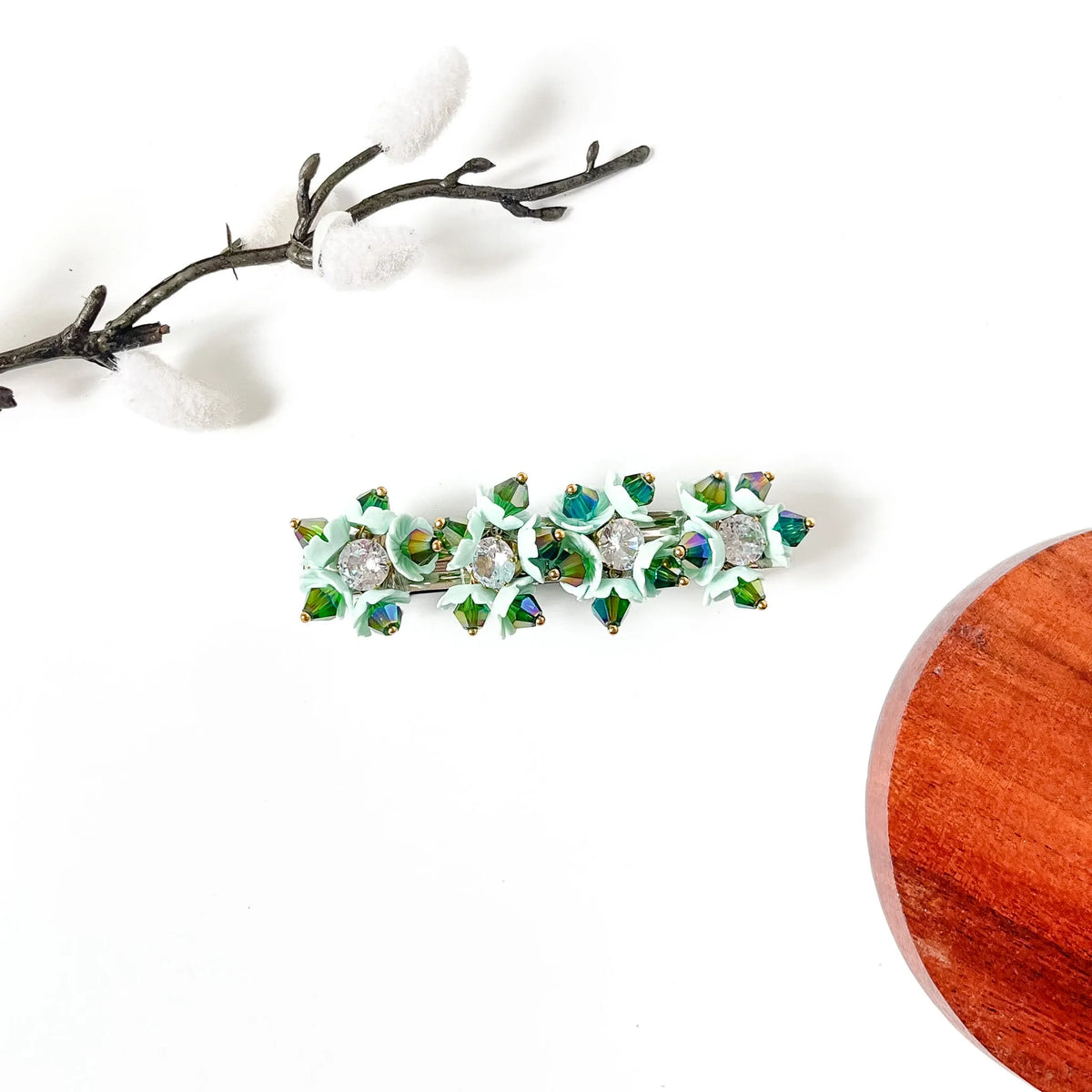 Jade mint green small flower barrette with green bicone crystals and gold clip