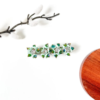 Jade mint green small flower barrette with green bicone crystals and gold clip
