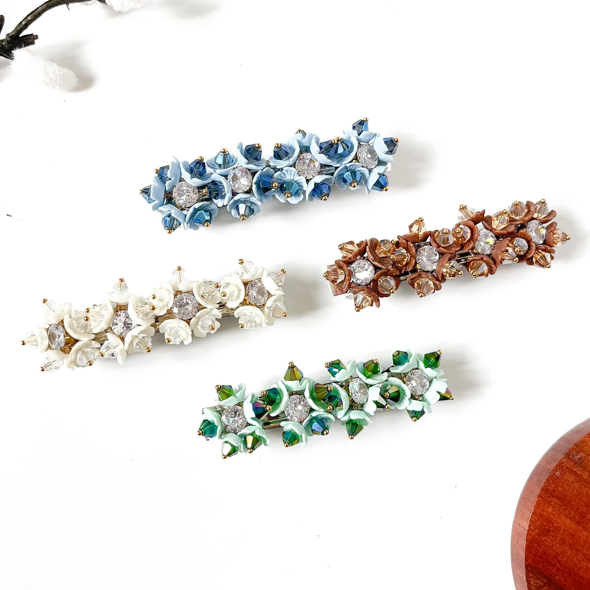 Porcelain Bell Barrette in sky blue, jade mint green, frost white and cocoa brown, small flower hair clips with crystals