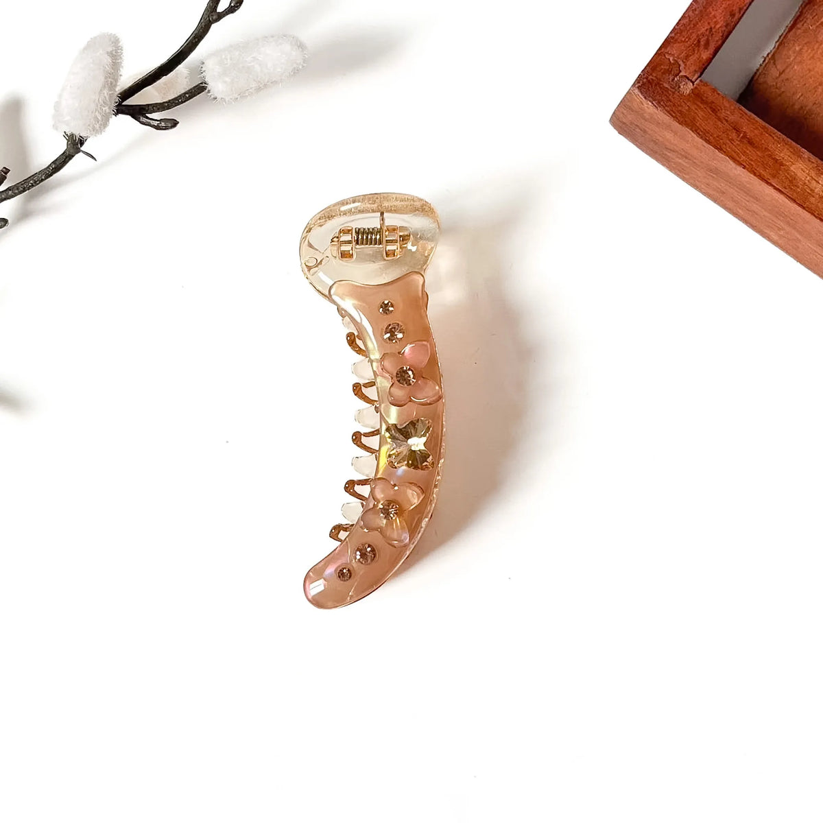 Mocha rose brown butterfly banana clip with champagne crystal stones, 8cm