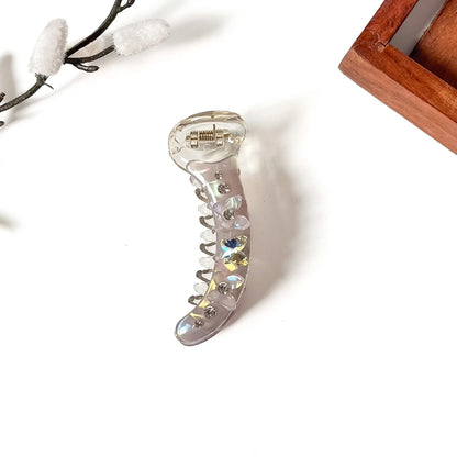 Smoke grey iridescent banana clip with AB crystal butterfly stone, 8cm