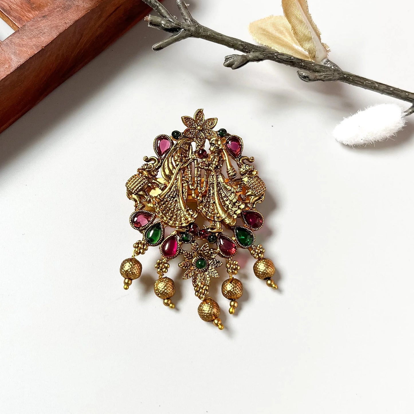 Vintage Radha Krishna clip with mixed ruby and emerald stones, hand-sculpted deity figures, 2.5cm ornate barrette