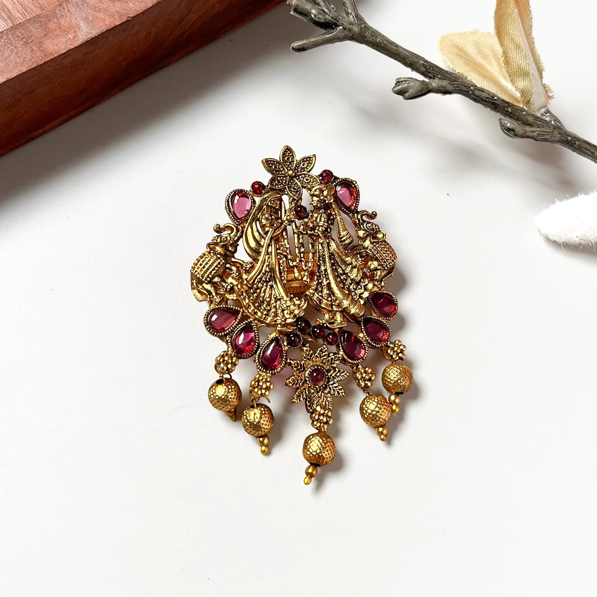 Radha Krishna centre clip with ruby gemstones and dangling brass beads, antique gold 2.5cm spiritual barrette