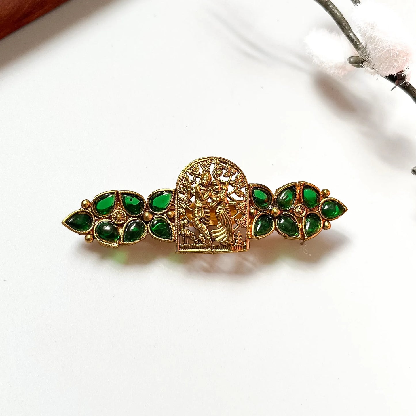 Emerald gemstone Radha Krishna temple arch barrette with arched gateway design, antique gold 4cm