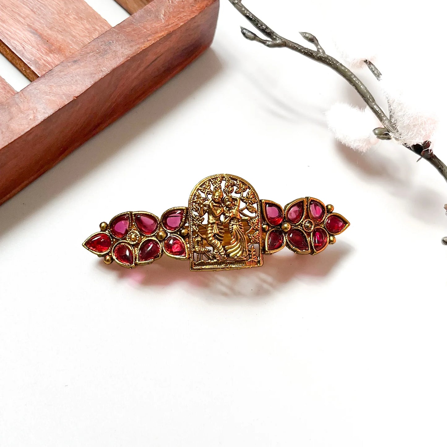 Radha Krishna temple arch barrette with ruby gemstone wings, antique gold 4cm spiritual hair clip