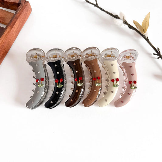 All 6 red rose embellished banana clips: cream, caramel, charcoal, burgundy, blush, black