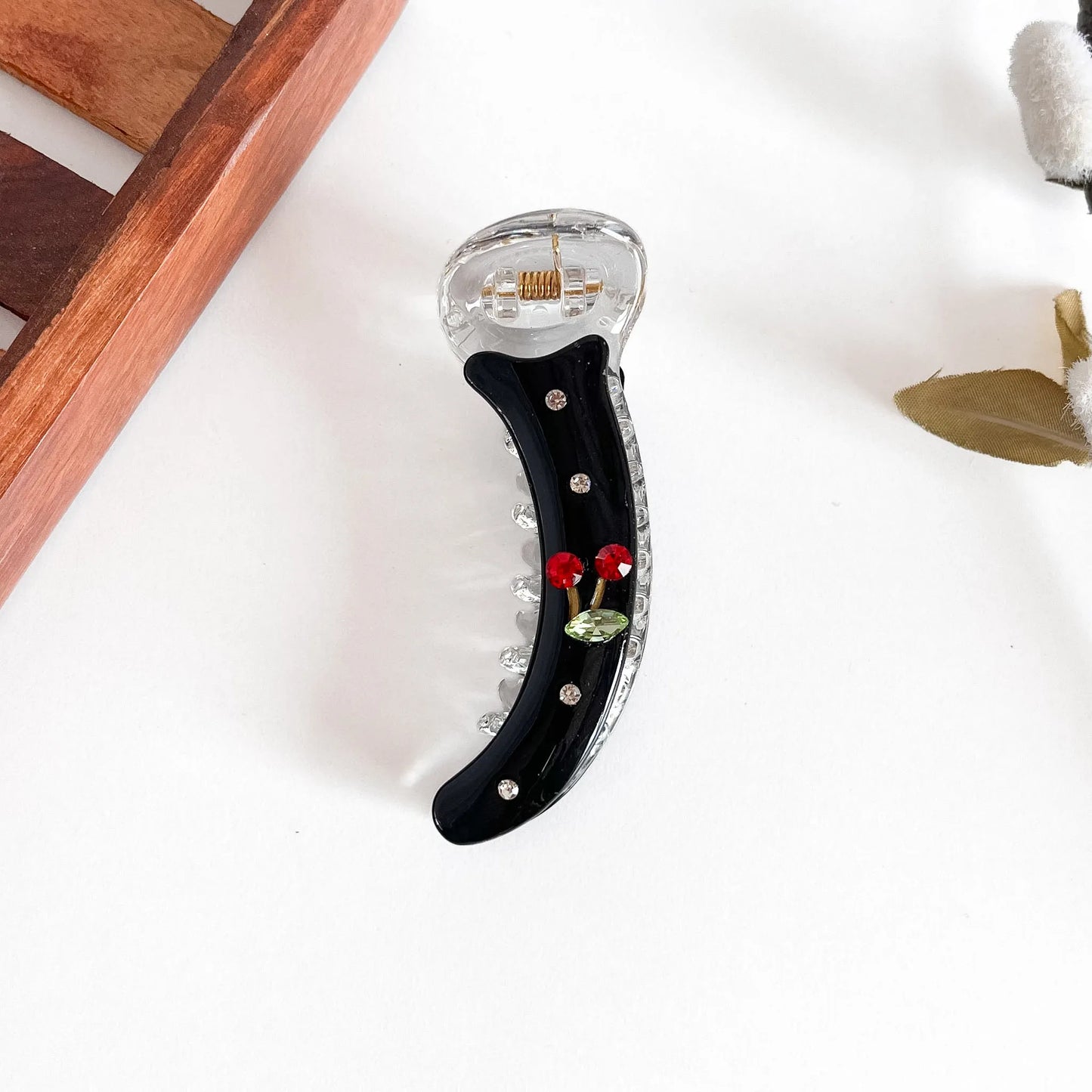 Black red rose embellished banana clip with crystal rhinestone embellishment, 8cm medium