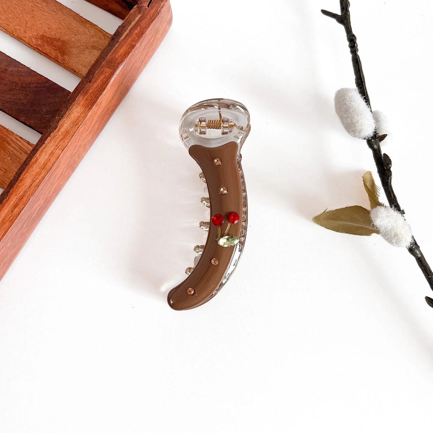 Caramel red rose embellished banana clip with gold rhinestone scatter, 8cm floral clip