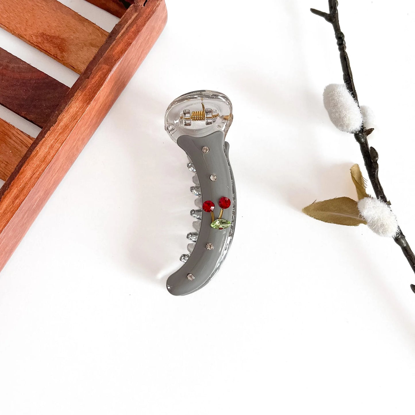 Charcoal Grey red rose embellished banana clip with clear crystal rhinestones, 8cm medium