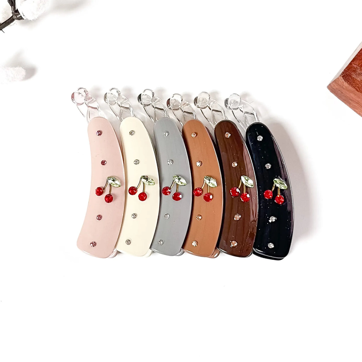 All 6 red rose embellished lock banana clips: cream, caramel, charcoal, burgundy, blush, black