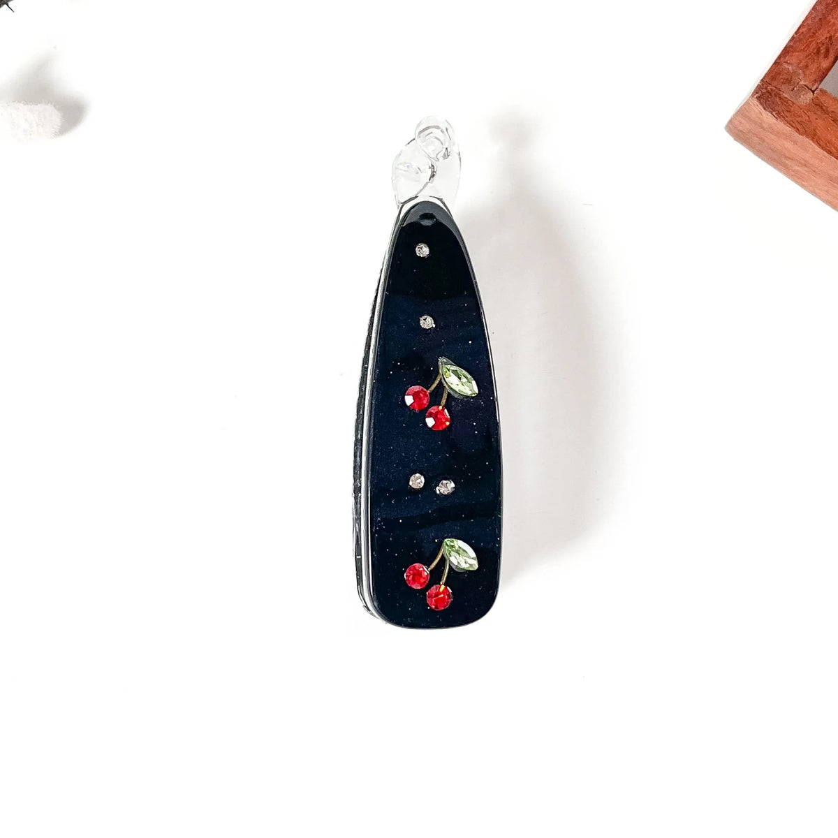 Black red rose embellished lock banana clip with crystal rhinestone embellishment, 10cm large