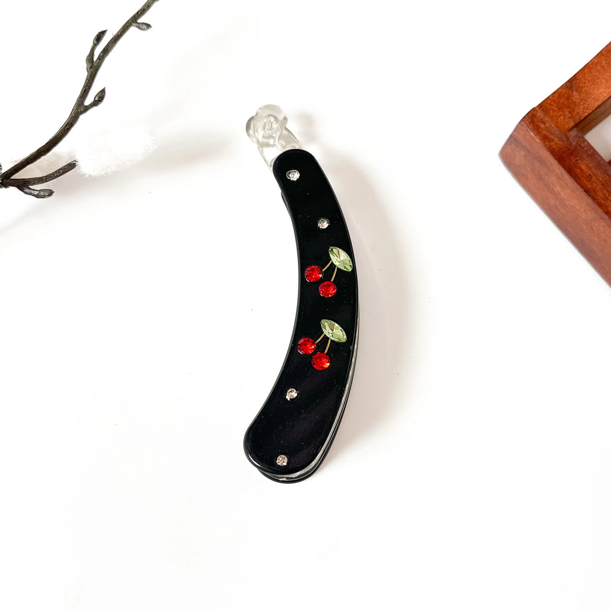 Black red rose embellished lock banana clip with crystal rhinestone embellishment, 10cm large