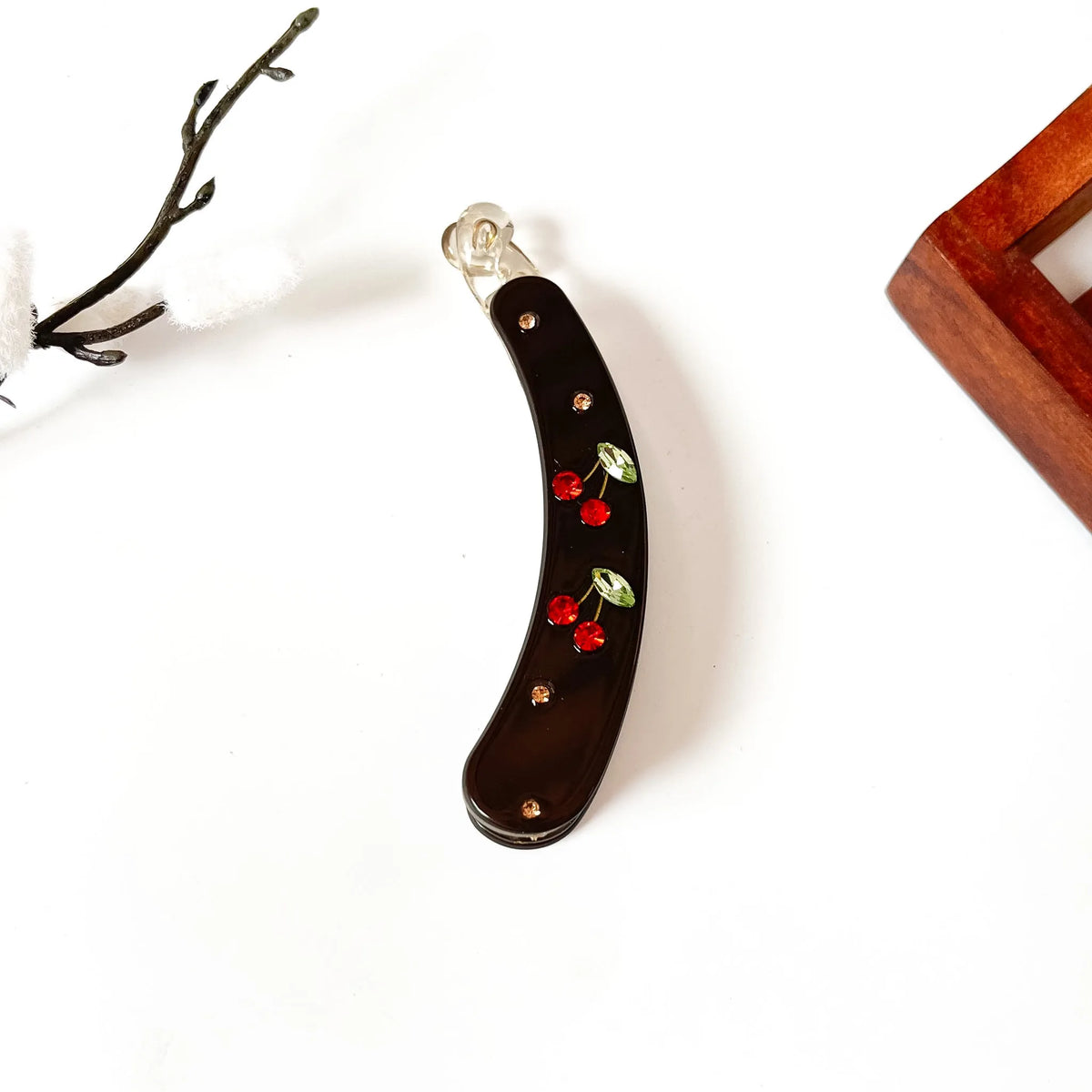 Burgundy red rose embellished banana clip with gold rhinestone detail, 8cm decorative clip