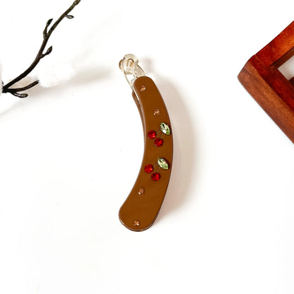 Caramel red rose embellished banana clip with gold rhinestone scatter, 10cm floral clip