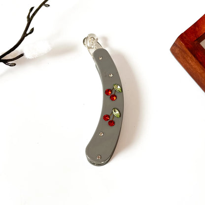 Charcoal Grey red rose embellished lock banana clip with clear crystal rhinestones, 10cm large