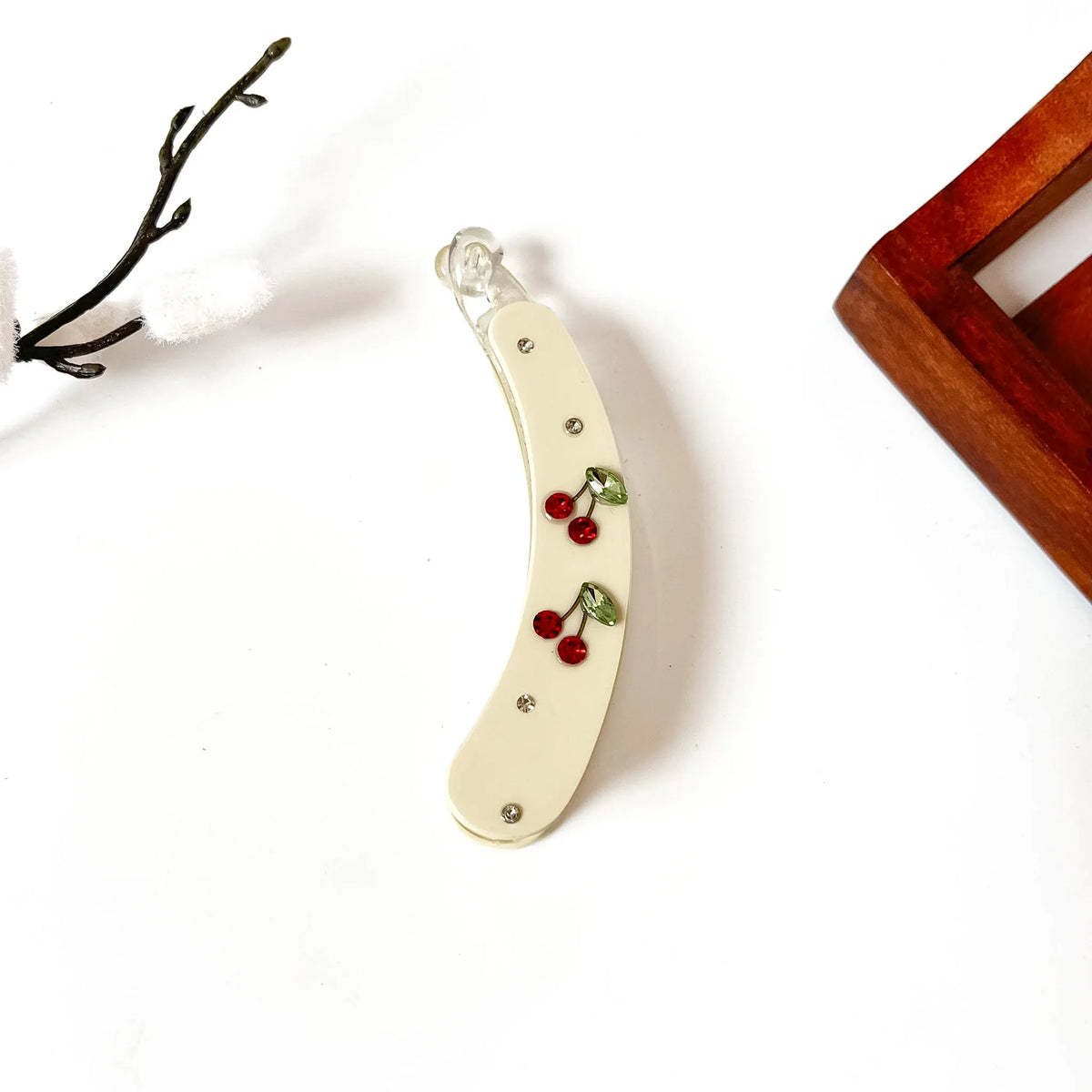 Cream red rose embellished lock banana clip with crystal rhinestones, 10cm large floral hair clip