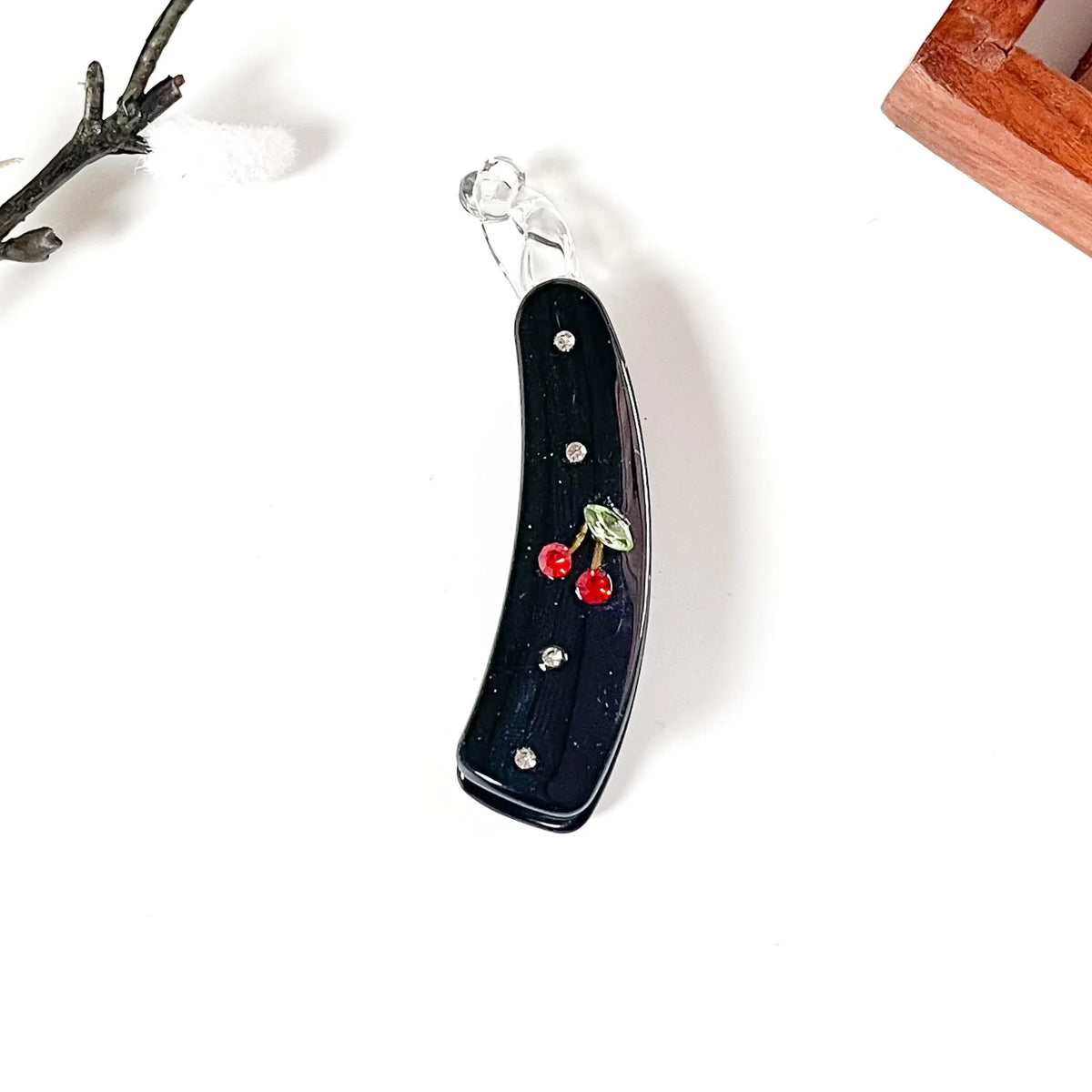 Black red rose embellished lock banana clip with crystal rhinestone embellishment, 8cm medium