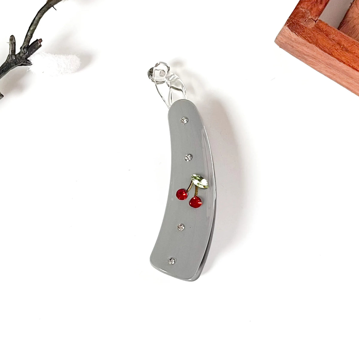 Charcoal Grey red rose embellished lock banana clip with clear crystal rhinestones, 8cm medium