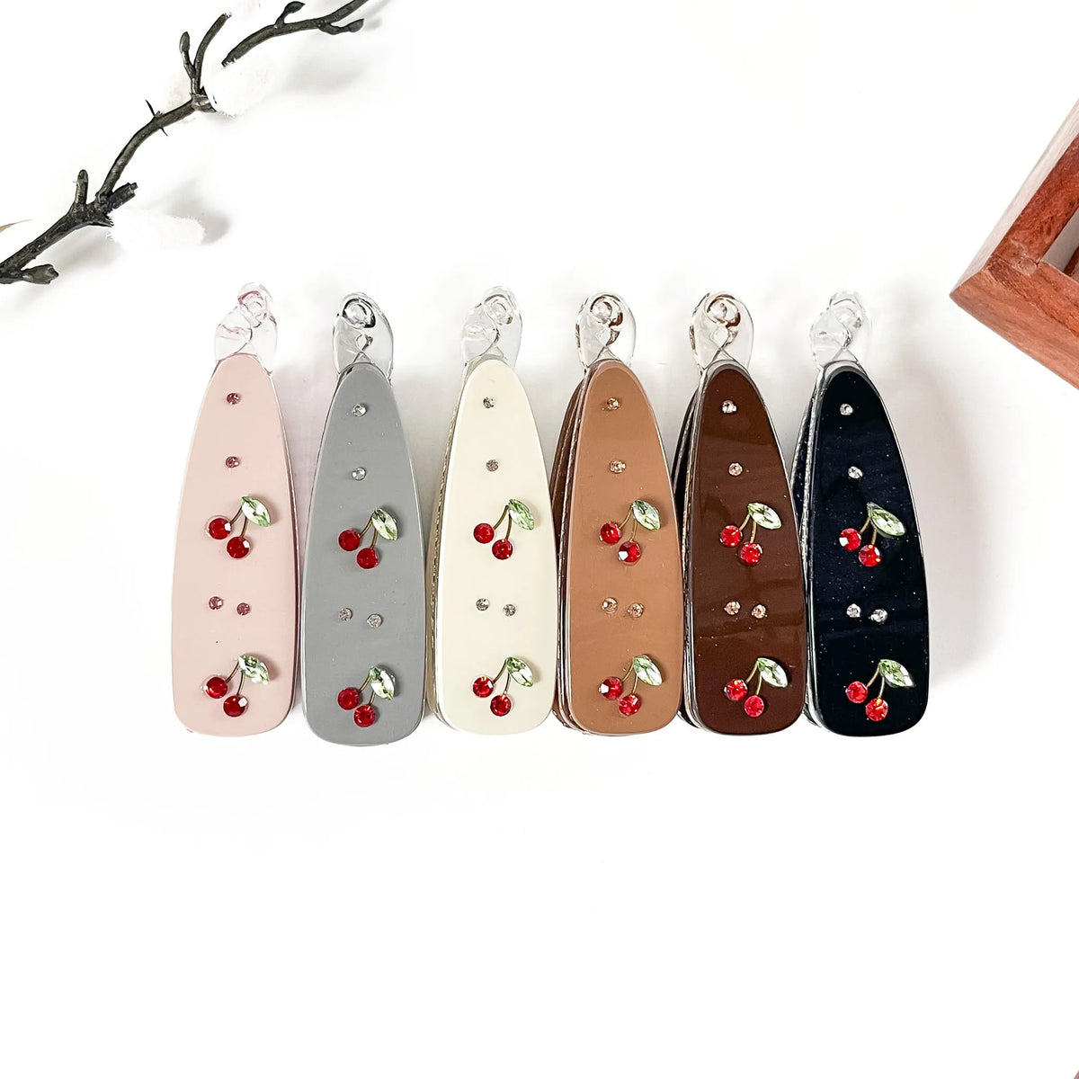 All 6 red rose embellished lock banana clips: cream, caramel, charcoal, burgundy, blush, black