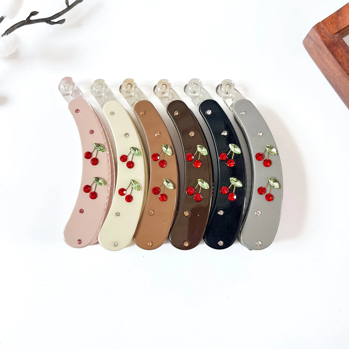 All 6 red rose embellished lock banana clips: cream, caramel, charcoal, burgundy, blush, black