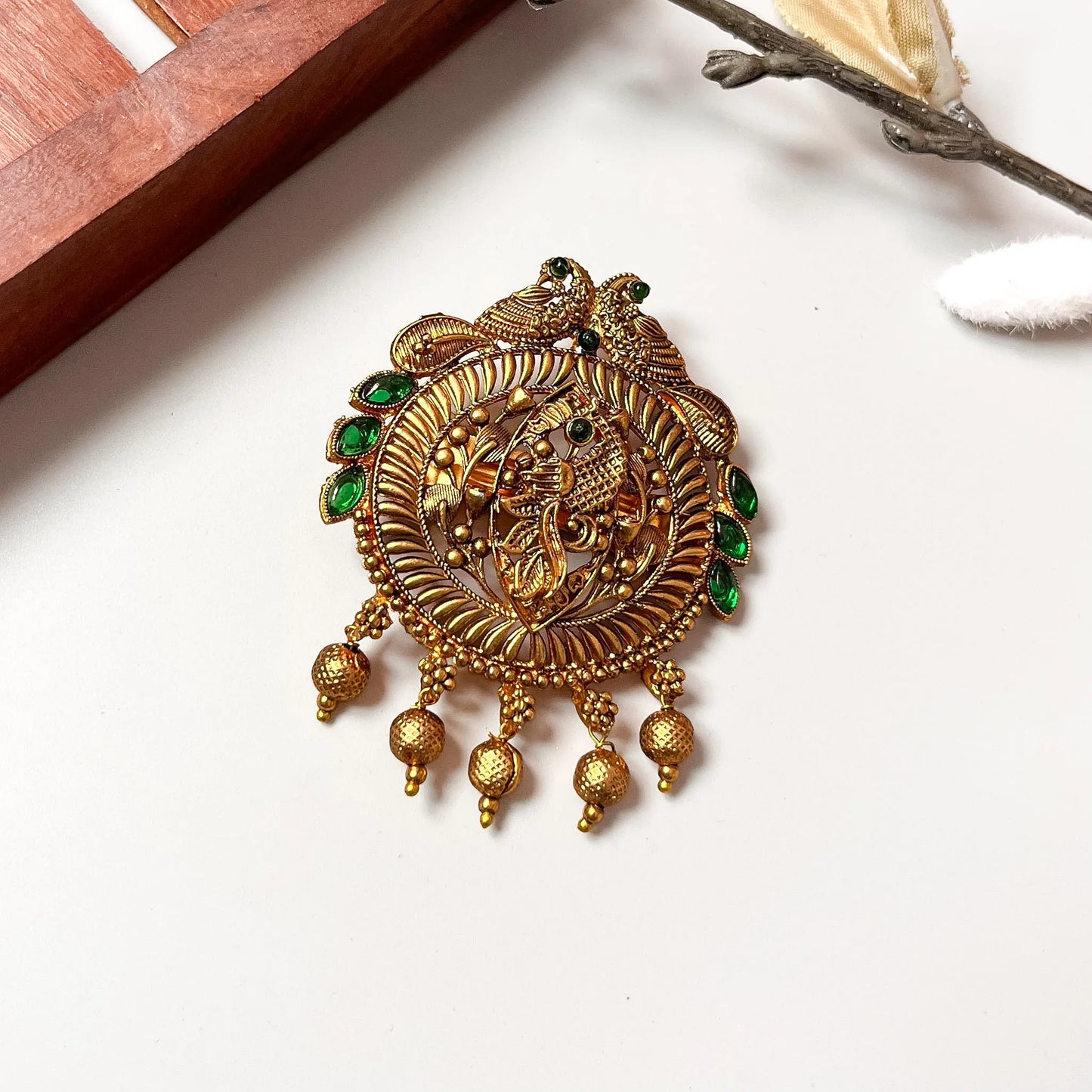Dual peacock centre clip in antique gold with emerald stones, ornate filigree barrette, 2.5cm