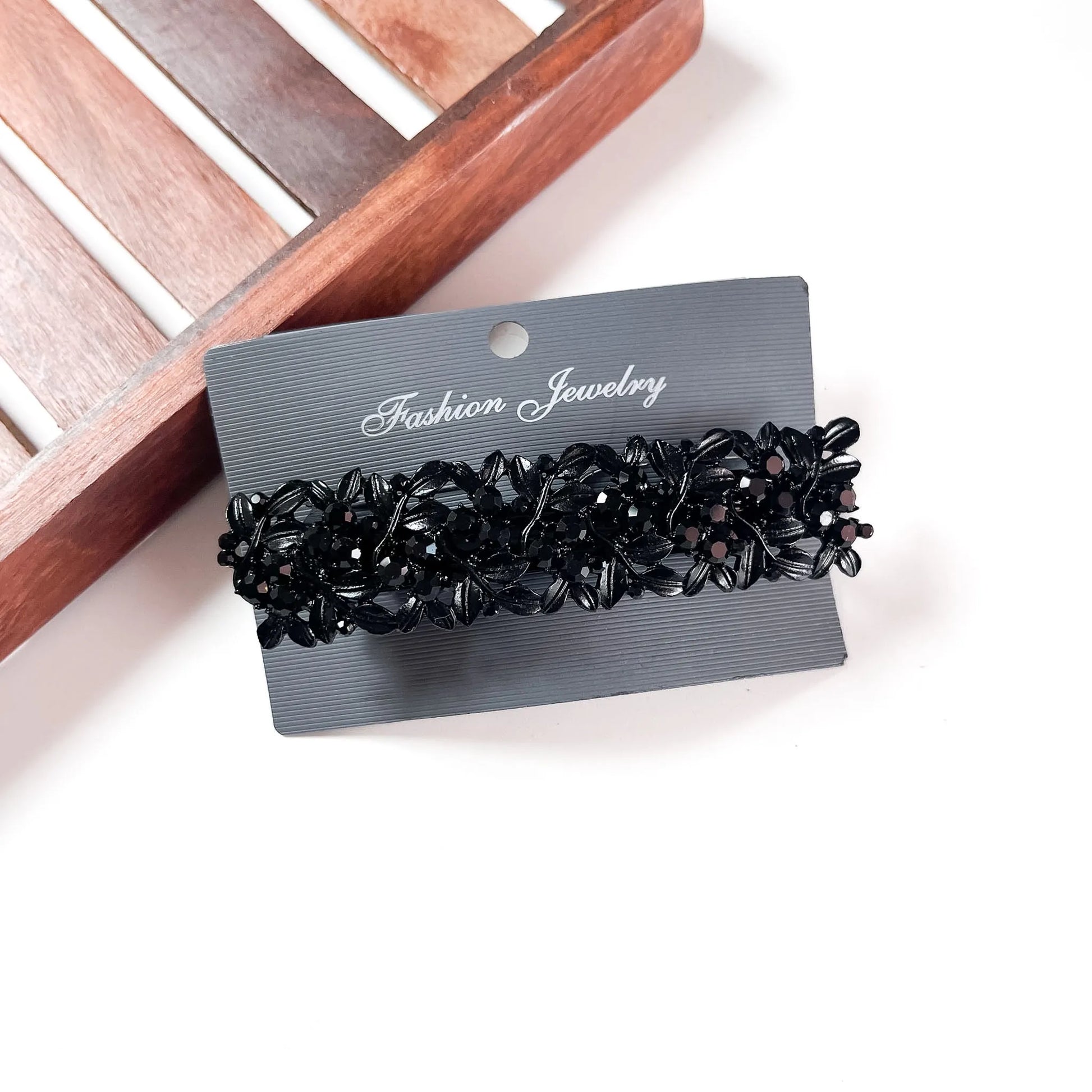 Black rhinestone floral barrette hair clip