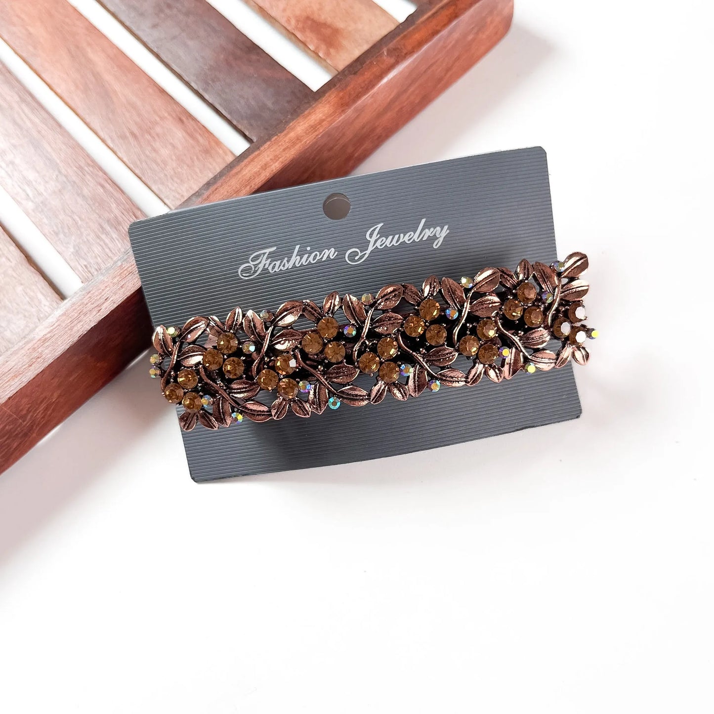 Copper rhinestone floral barrette hair clip