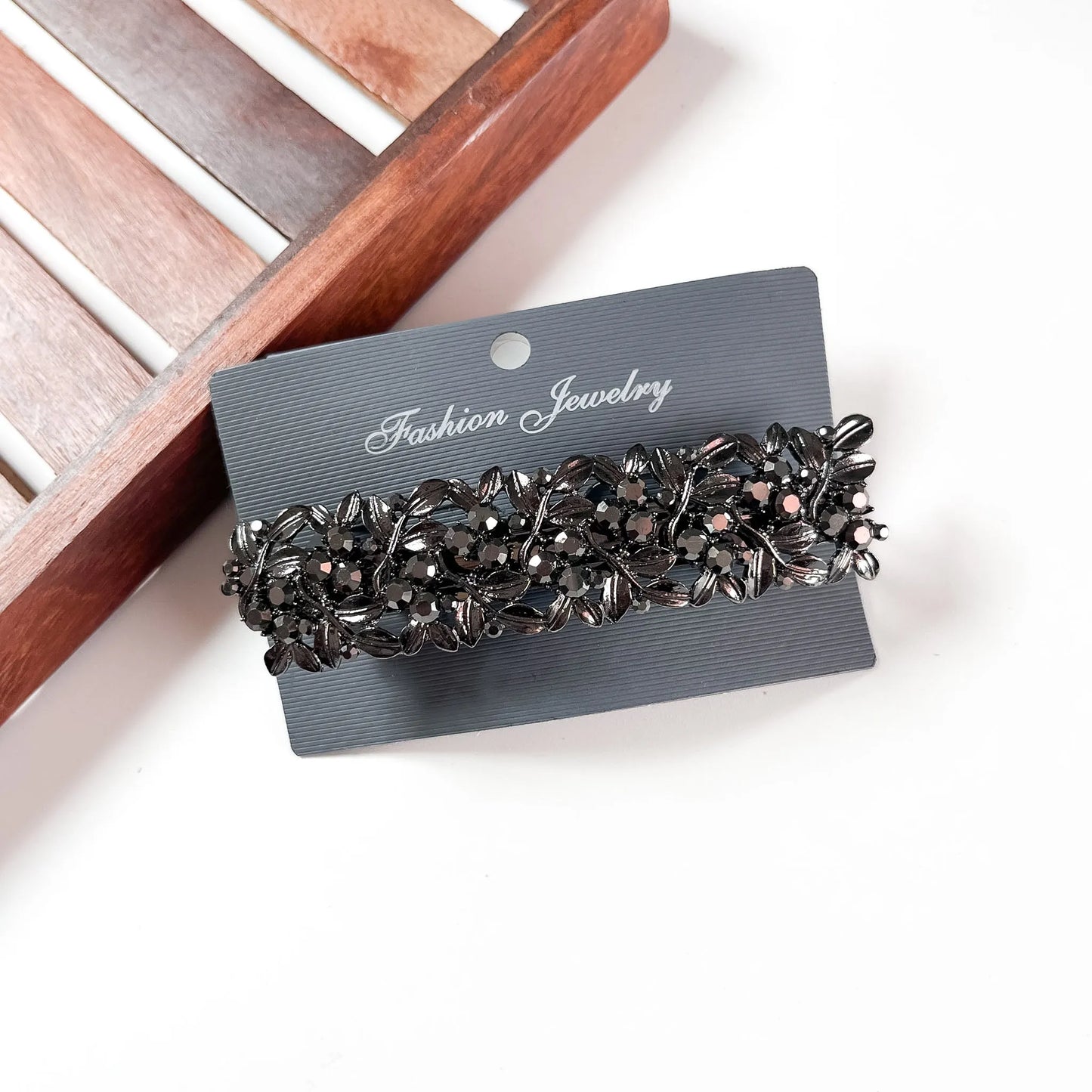 Gunmetal rhinestone floral barrette hair clip for women