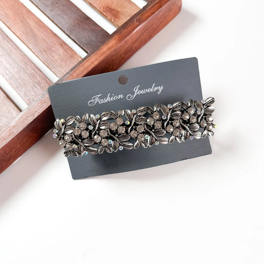 Silver rhinestone floral barrette hair clip for women