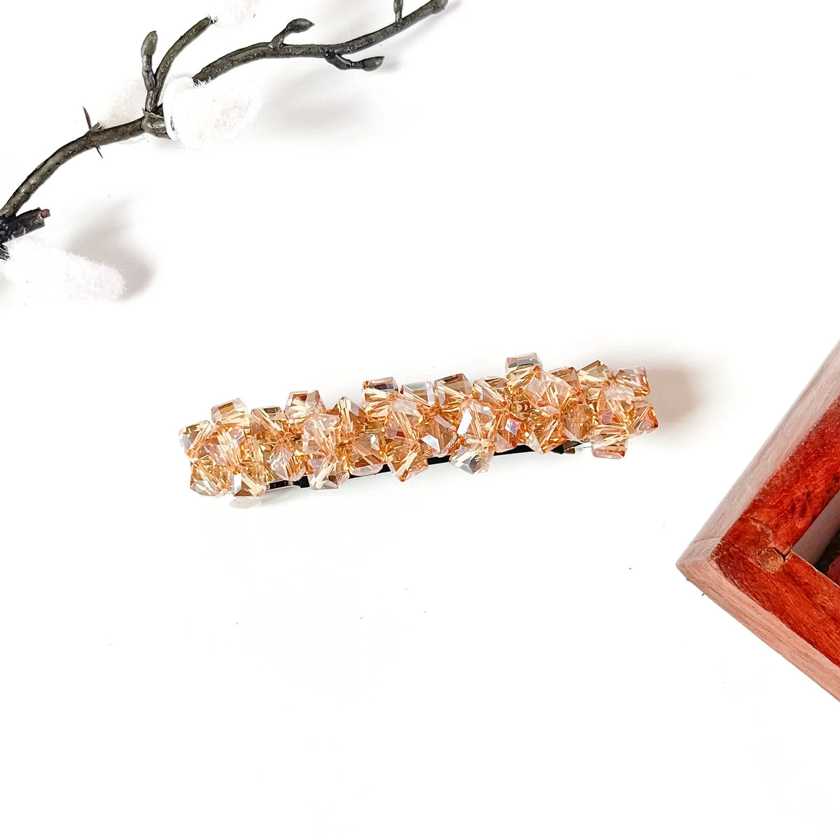Apricot gold crystal barrette with sparkling cube crystals for weddings