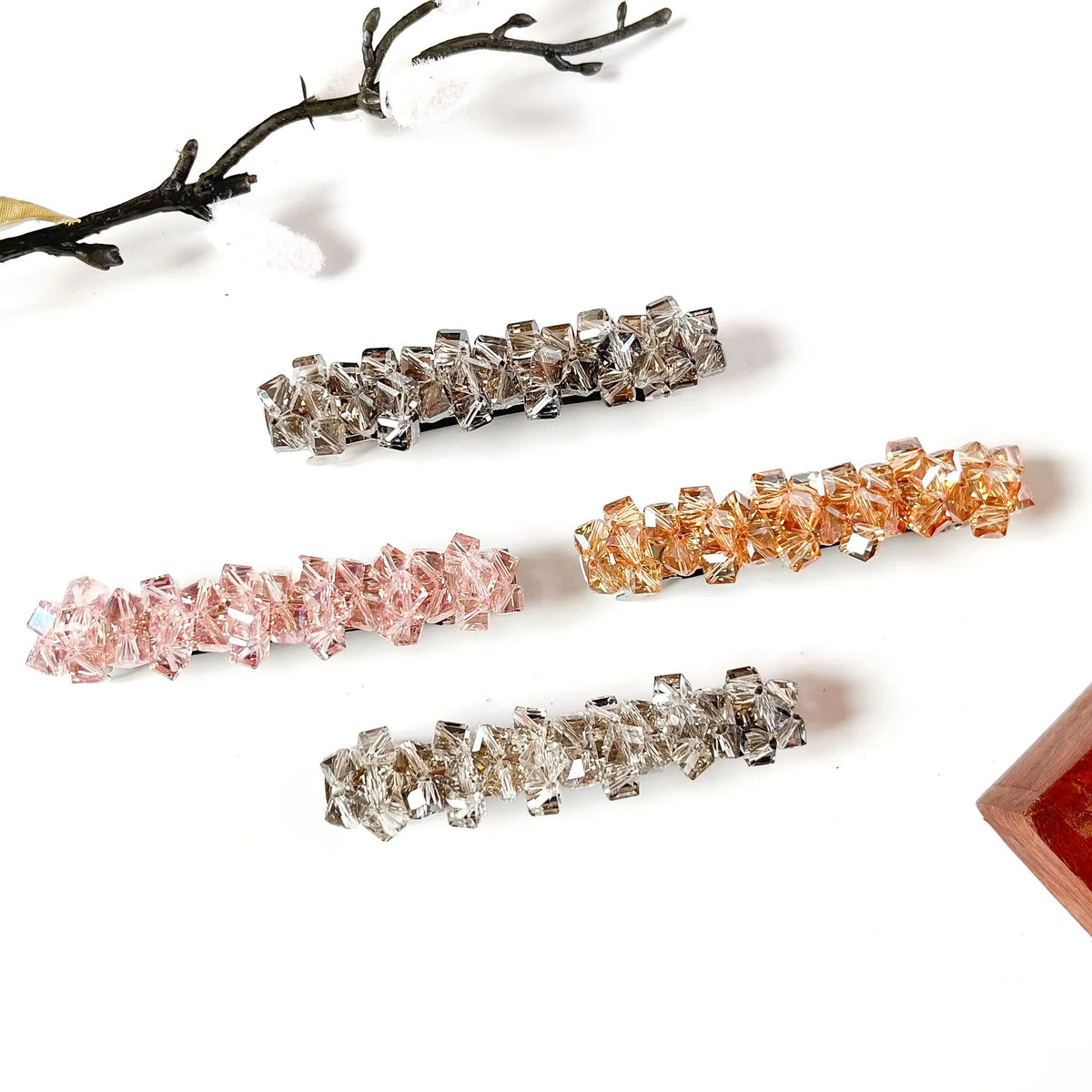 Rock Candy Barrette in blush pink, slate grey, apricot peach and frost clear, cube crystal hair clips for women