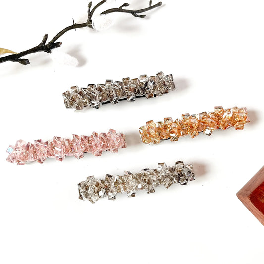 Rock Candy Barrette in blush pink, slate grey, apricot peach and frost clear, cube crystal hair clips for women