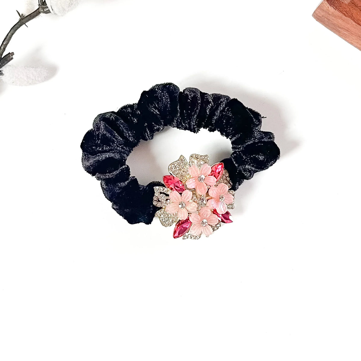Black velvet scrunchie with rose pink stones and flower brooch