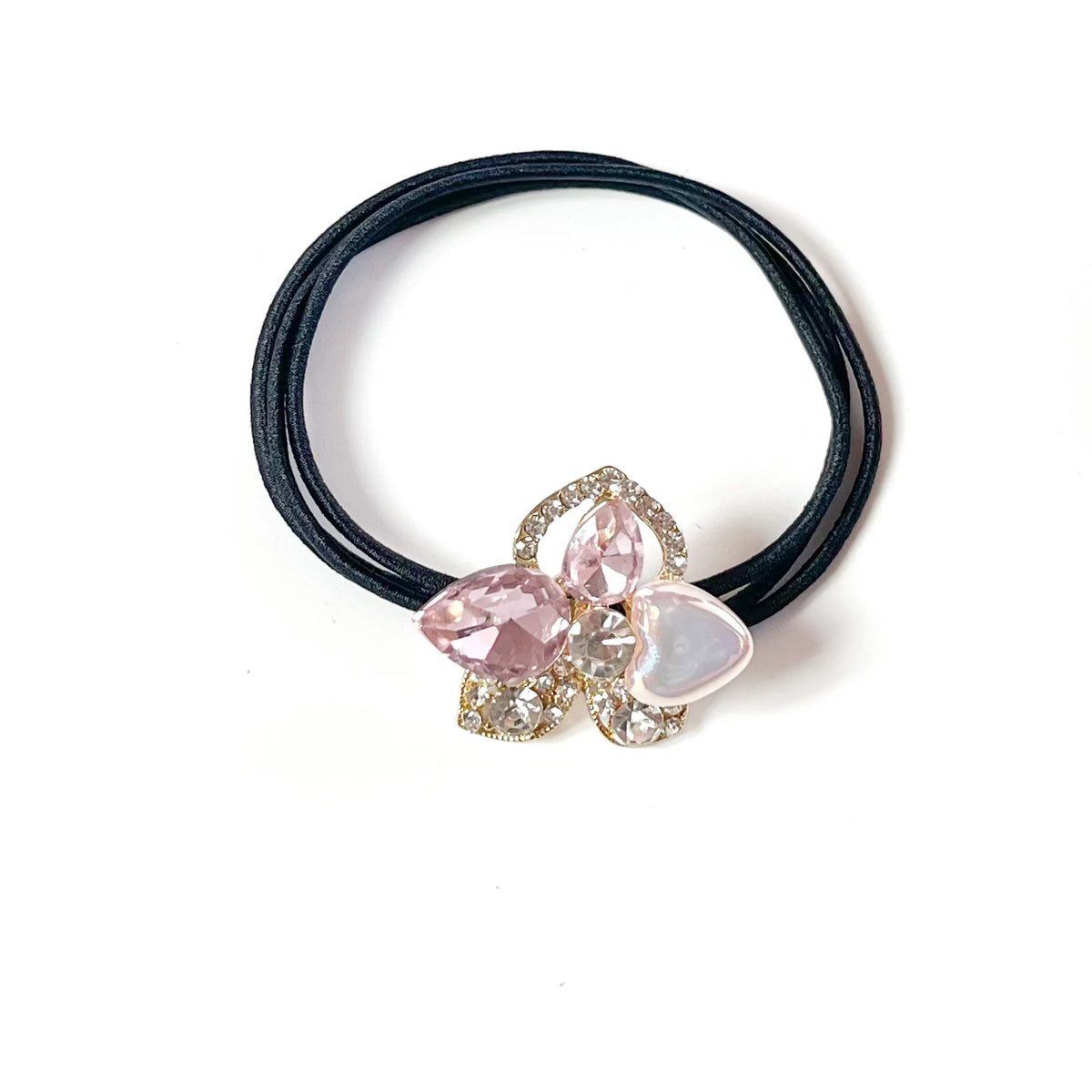 Rose pink fancy hair rubber band with pink crystals and pearl heart, stylish crystal ponytail holder