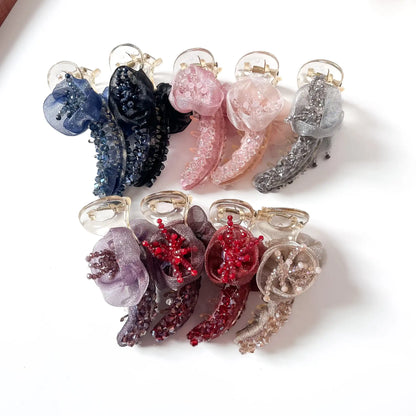 Rosette crystal banana clips in all colours including navy, black, pink, red and champagne