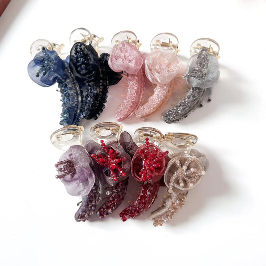 Rosette crystal banana clips in all colours including navy, black, pink, red and champagne