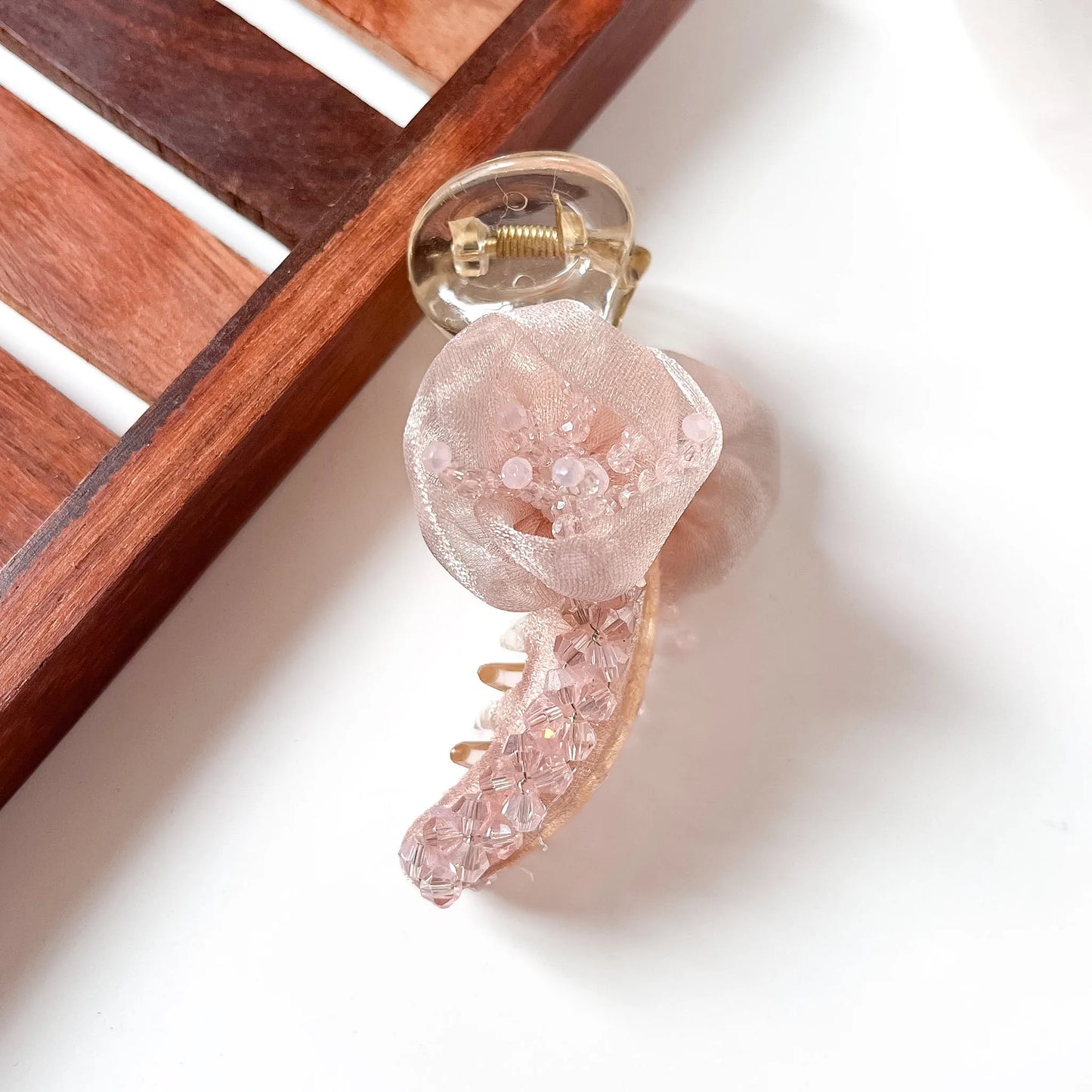 Blush pink Peach rosette crystal banana hair clip with organza rose and crystal beads