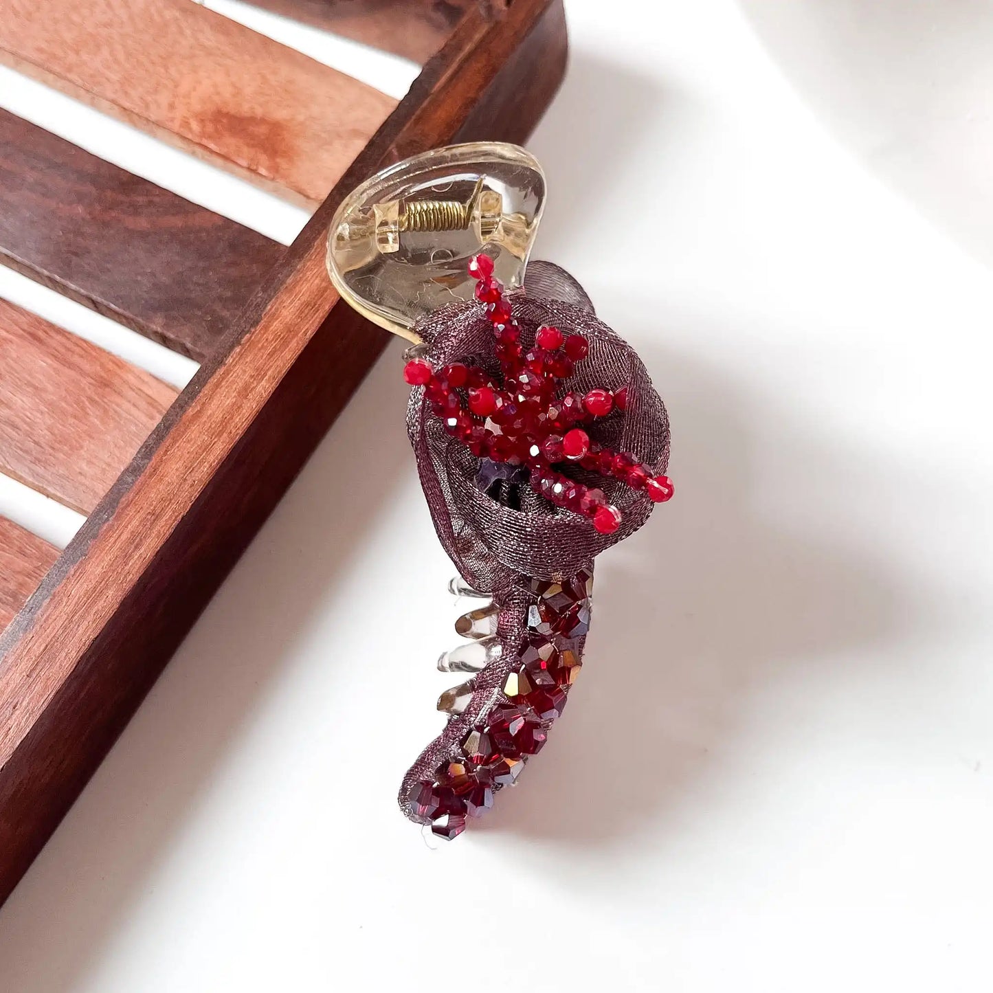 Burgundy Maroon rosette crystal banana clip with organza fabric rose and red crystal beads
