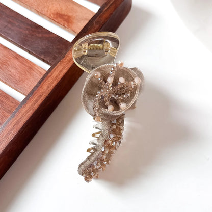 Champagne mocha rosette crystal banana clip with organza rose and crystal bead detail