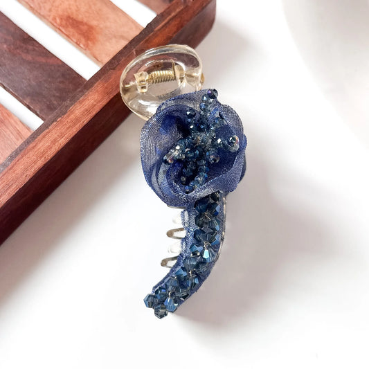 Navy blue rosette crystal banana clip with organza fabric rose and crystal bead cascade