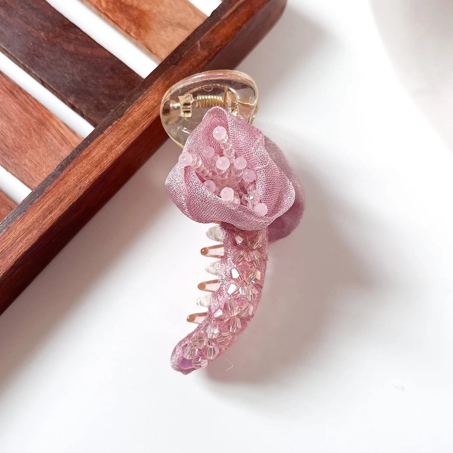 Pink rosette crystal banana clip with organza fabric rose and crystal bead cascade