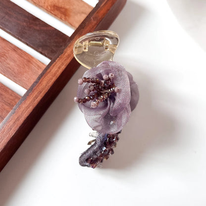 Purple Lavendar mauve rosette crystal banana clip with organza rose and crystal bead detail