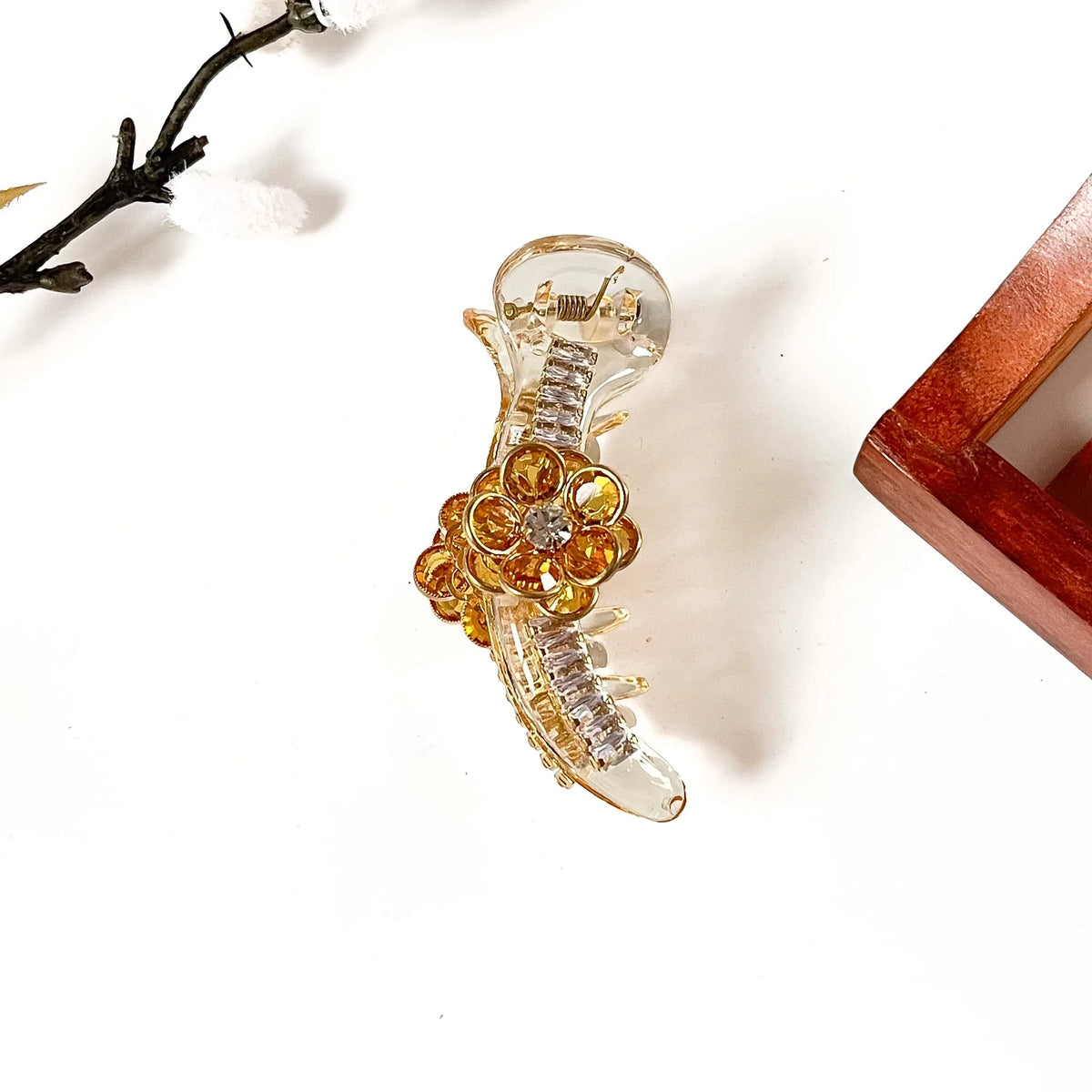 Amber yellow crystal flower banana clip with gold frame, 8 cm banana clutcher for festive wear