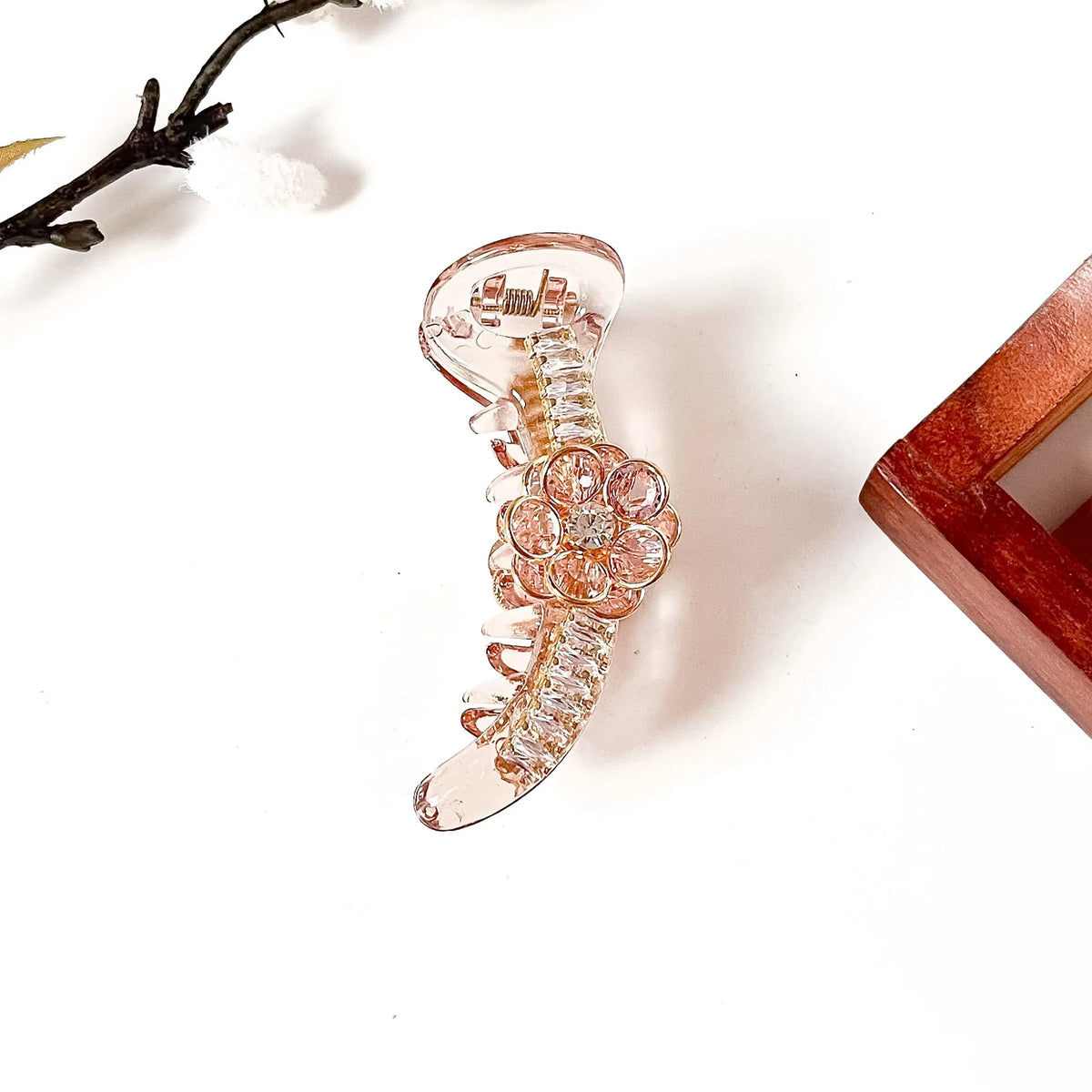 Blush pink crystal flower banana clip in gold setting, 8 cm designer banana clip for women