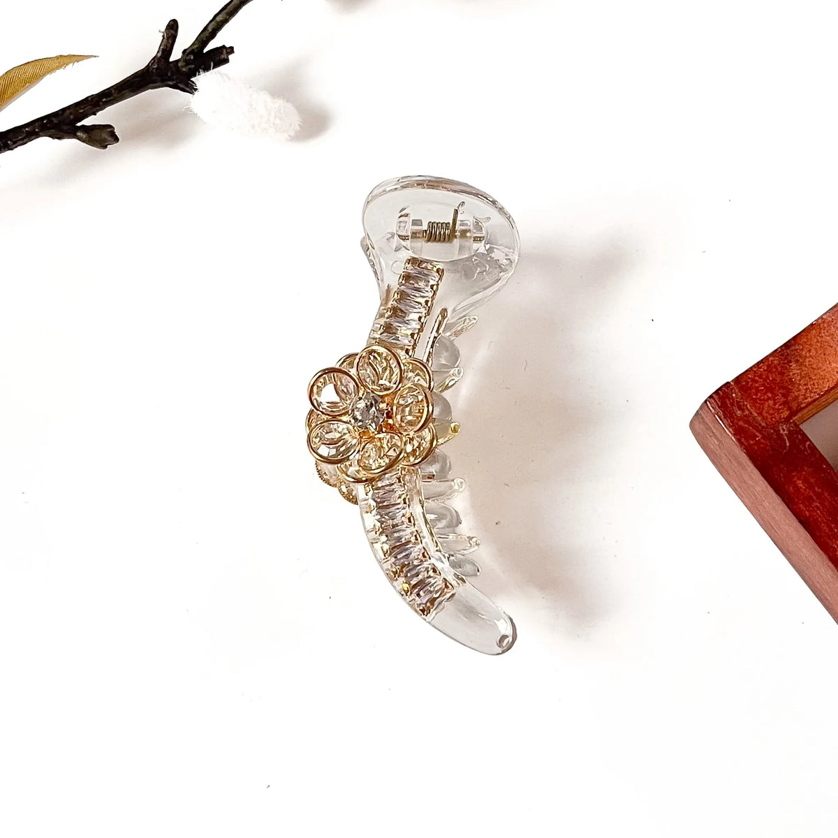 Crystal clear rhinestone flower banana clip with gold setting, 8 cm banana clip with stones