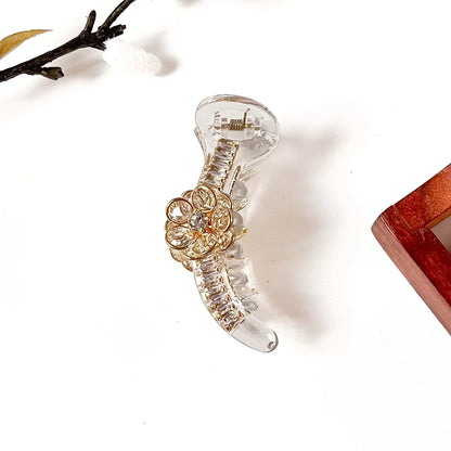 Crystal clear rhinestone flower banana clip with gold setting, 8 cm banana clip with stones