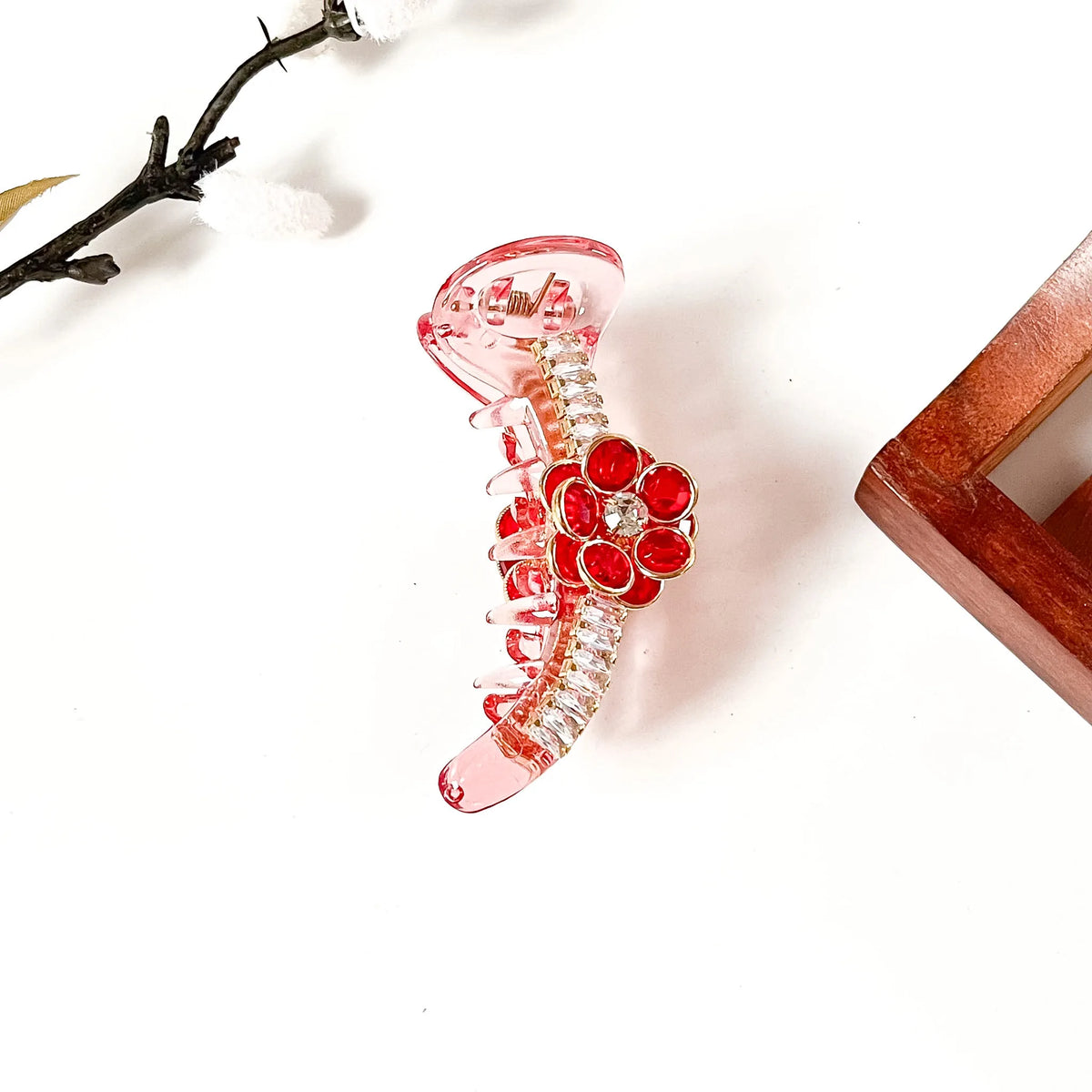 Ruby red crystal flower banana clip with rhinestone strip, 8 cm bridal banana clip