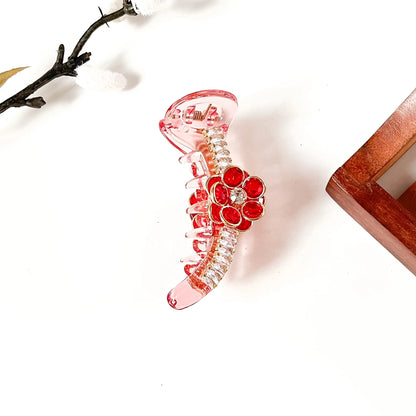 Ruby red crystal flower banana clip with rhinestone strip, 8 cm bridal banana clip