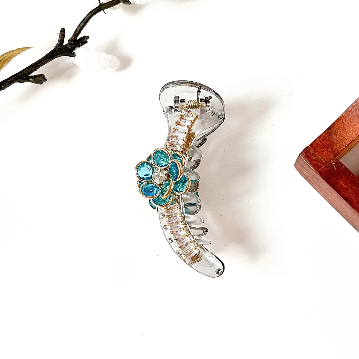 Teal blue crystal flower banana clip with baguette stones, 8 cm fancy banana clip for hair