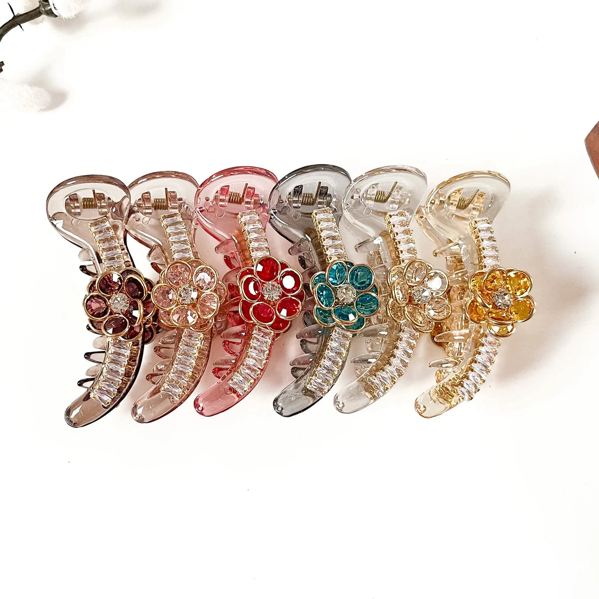 Royal Bloom 8 cm crystal flower banana clips in wine maroon, blush pink, ruby red, teal blue, crystal clear and amber yellow with gold setting
